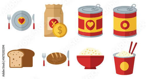 Food donation icons: canned goods, bread, rice, and a plate symbolizing charitable giving.