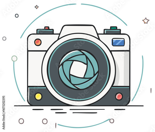 Front view of an illustrated camera with aperture icon, representing photography, digital media, and creative vision