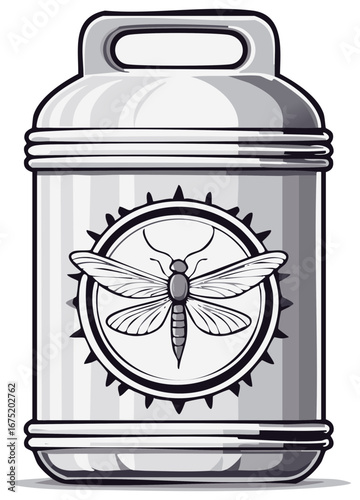 Pesticide container featuring a stylized moth illustration on a silver canister.  Cartoon pest control symbol for insecticide branding.