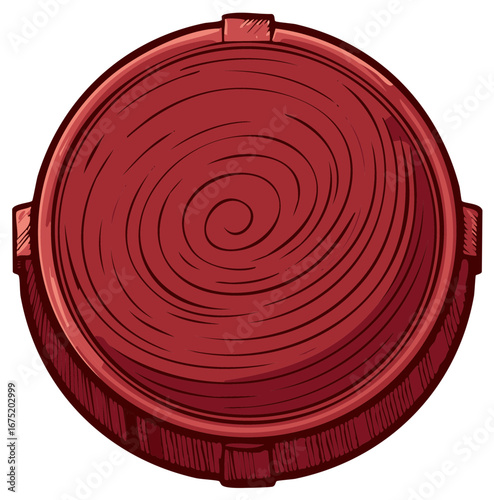 Circular Red Pot with Swirling Pattern and Lugs Seen from Above