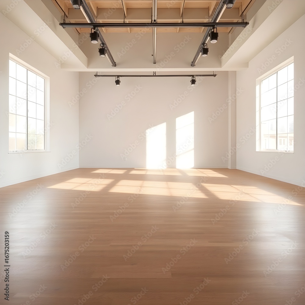 Fototapeta premium 창문으로 햇살 들어오는 비어있는 실내 연습실an empty indoor practice room with sunlight through the window