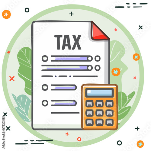 Tax Document and Calculator Illustration for Finances, Accounting, or Business Management