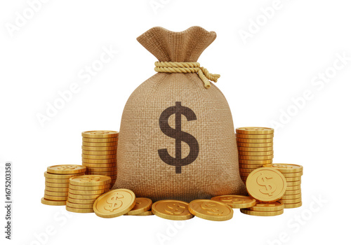 Isolated Sack of Money with Dollar Sign and Stacks of Coins around it for Business, Finance