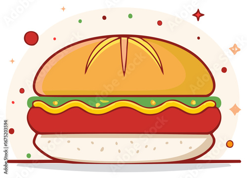 Vibrant cartoon illustration of a classic hot dog with mustard and green relish in a bun
