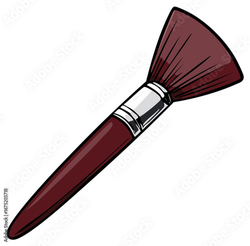 Single cosmetic makeup brush with dark red handle and fan-shaped bristles