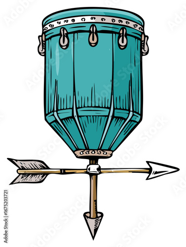 Whimsical Aqua Drum Weathervane Illustration with Arrow and Spear Point Design