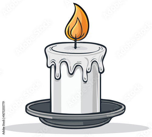 Cartoon style candle with flame burning on a saucer, isolated vector illustration
