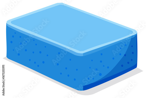 A single blue cartoon sponge with rounded corners casting shadow for cleaning and scrubbing household messes.