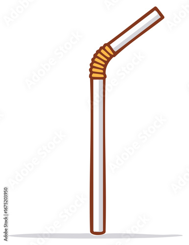 Flexible white drinking straw with orange bend cartoon illustration