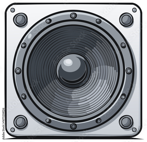 Large audio speaker cartoon illustration with a square frame and bolts, volume adjustment knobs in gray scale