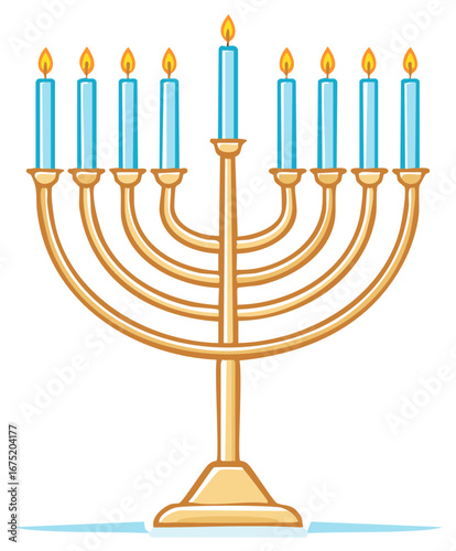Golden Chanukiah menorah with nine lit blue candles and flames for Hanukkah celebration