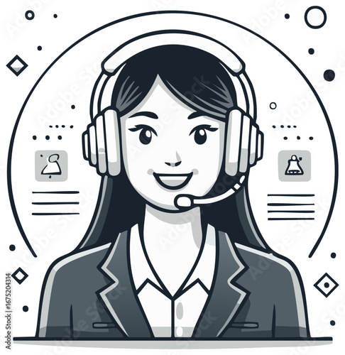 Friendly Customer Service Representative with Headset Smiling. Support Icon Illustration