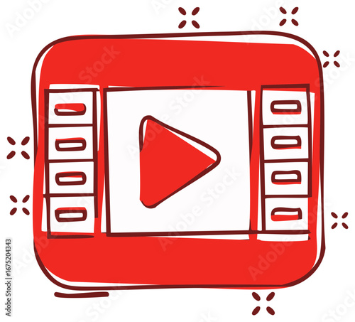 Red Media Player Hand Drawn Comic Style Start Button Sign