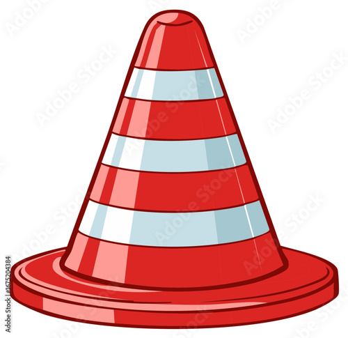 Cartoon traffic cone with red and white stripes isolated on white background