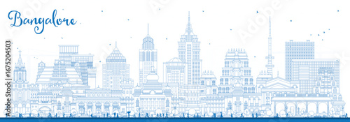 Outline Bangalore India city skyline with blue buildings. Bengaluru cityscape with landmarks. Business travel and tourism concept with modern and historic architecture.
