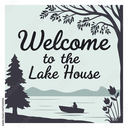 "Charming 'Welcome to the Lake House' typography, evoking cozy lakeside vibes with playful lettering, perfect for signs, decor, and warm, inviting spaces."
