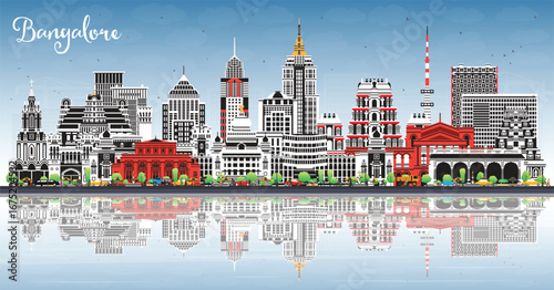 Bangalore India city skyline with color buildings, blue sky and reflections. Bengaluru cityscape with landmarks. Travel and tourism concept with modern and historic architecture.