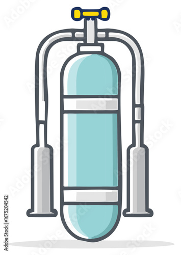 Stylized Diving Scuba Tank Illustration with Regulator and Hoses Aqua Blue Cylinder Outline Icon for Underwater Exploration