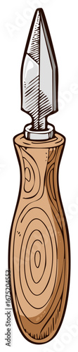 Illustration of a wood carving chisel with a wooden handle and sharp metal blade.