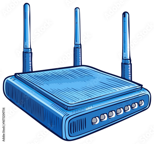 Stylized Illustration of a Blue Wireless Router with Three Antennas for Internet Connectivity and Network Access