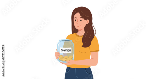 A smiling woman holds a jar filled with coins, labeled for donations.
