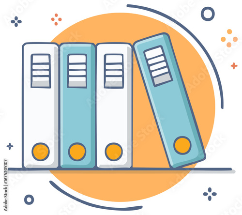 Cartoon illustration of file folders in a row and a background circle shape