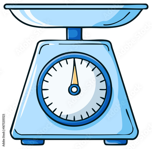 Cute weighing scale in cartoon style. Home appliance for food or kitchen items. Kitchen tool icon. Light blue color balance.