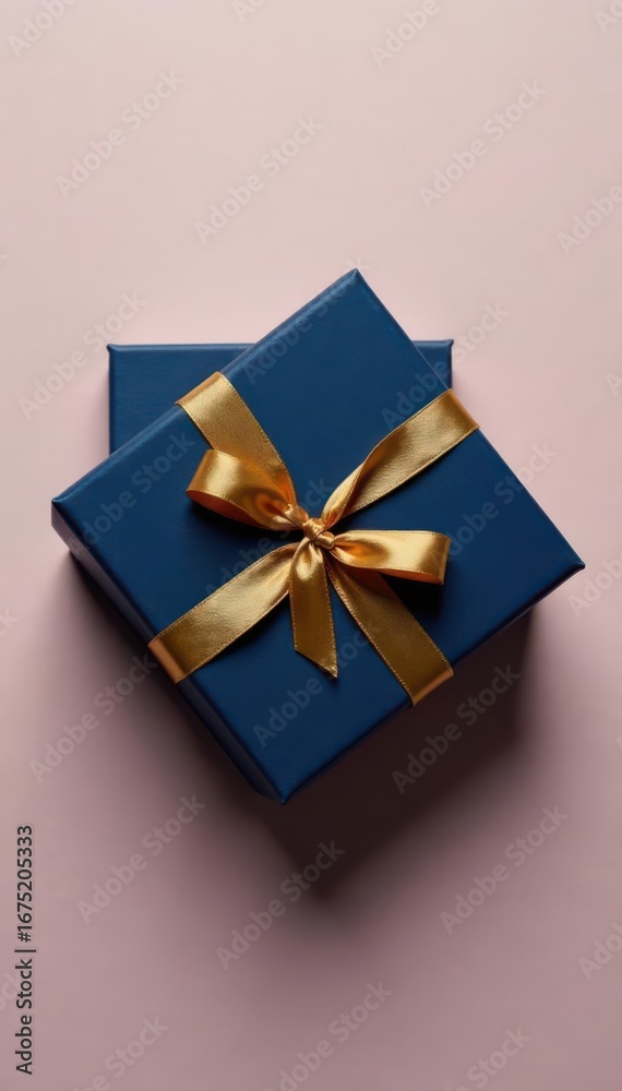 Elegant dark blue gift box with gold ribbon, top view , template, copy Elegant dark blue gift box with gold ribbon, top view , template, copy