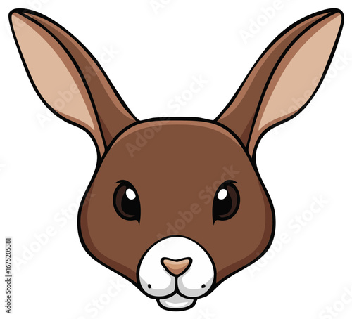 A cute cartoon rabbit head illustration with big ears. Adorable brown bunny face, perfect for a kids mascot or Easter design.