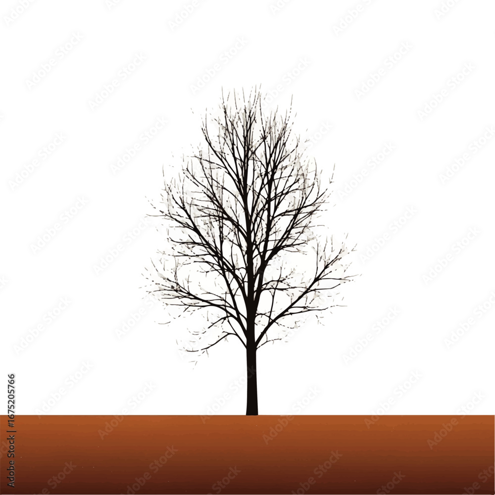 Obraz premium A stark silhouette of a leafless tree stands against a white background, its roots embedded in brown earth