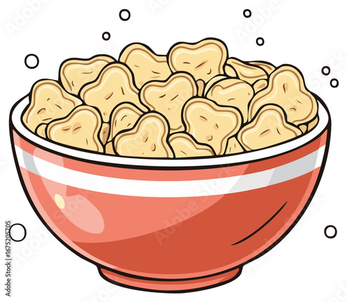 Vibrant cartoon illustration of a red striped bowl overflowing with crunchy breakfast cereal puffs perfect for a morning meal