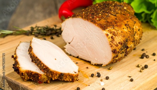 Sliced spiced turkey breast on wooden board
