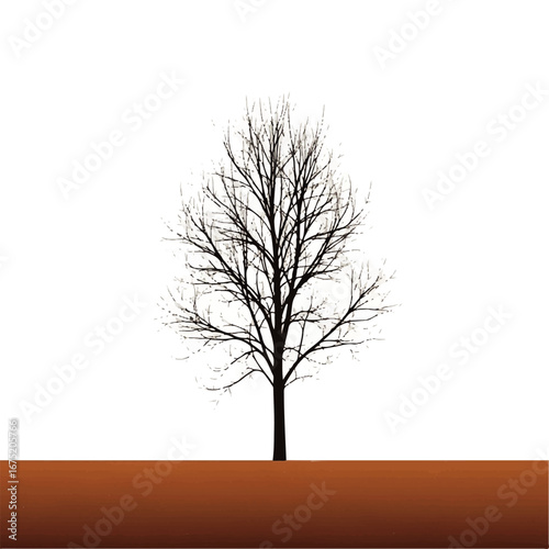 A stark silhouette of a leafless tree stands against a white background, its roots embedded in brown earth