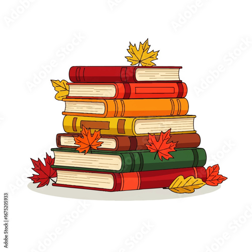 A stack of colorful books is adorned with autumn leaves, creating a cozy, seasonal illustration