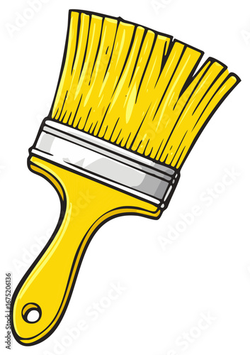 Close-up of a Yellow Paint Brush: Tool for Home Improvement, Art Project, Painting walls and Crafts in Cartoon Style