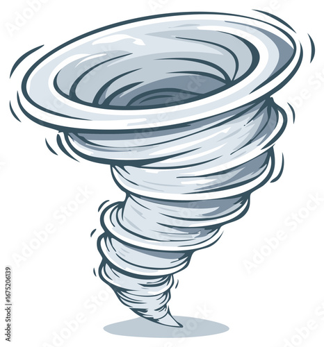 Stylized Drawing of a Swirling Tornado Viewed from the Ground Level Indicating Destructive Weather and Natural Forces, Cartoon Illustration