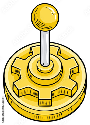 Yellow gold cartoon lever joystick with gear base vintage control mechanism illustration