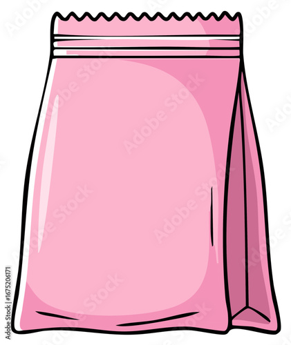Blank pink paper lunch bag or product pouch with a sealed top cartoon drawing