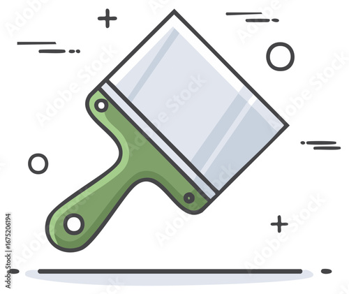 Green handled putty knife with a wide metal blade for construction and repair