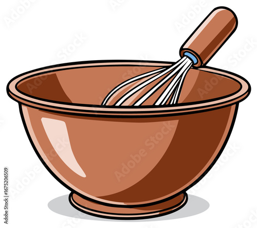 Kitchen mixing bowl and whisk utensil cartoon style illustration