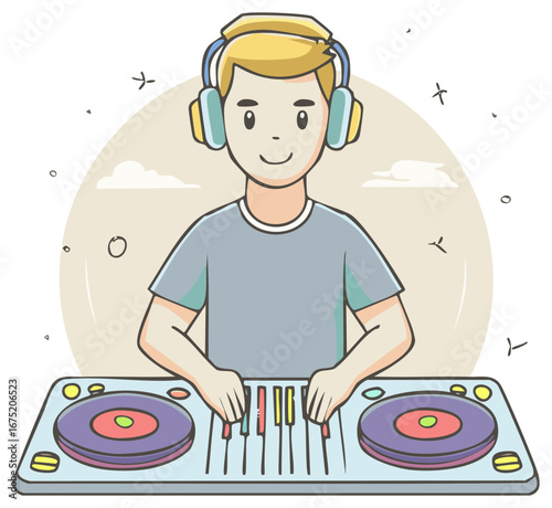 Young male cartoon DJ with headphones mixing music on a turntable console.