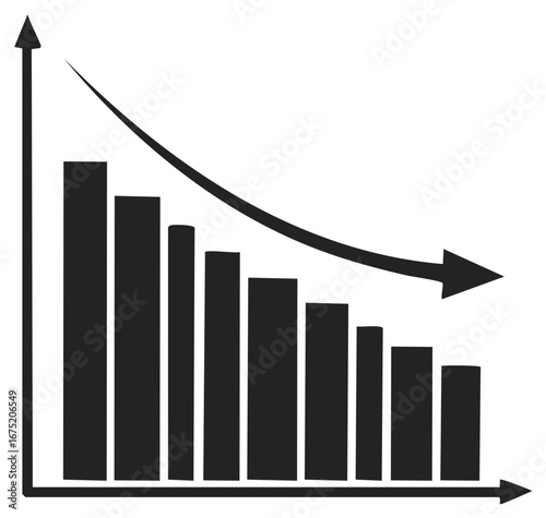 Financial decline business graph with bars and arrow pointing down for falling values