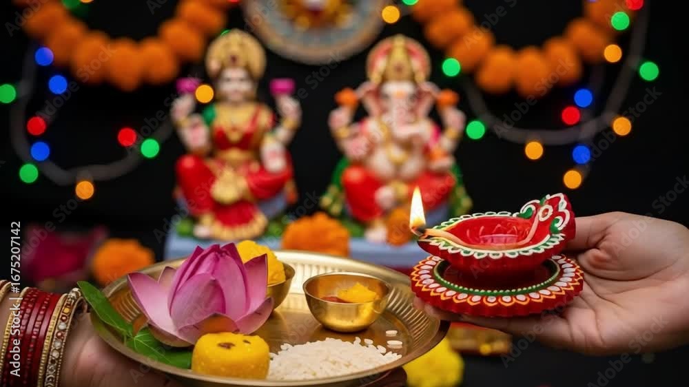 Hands Of Girl Holding Illuminated Clay Diya Deep Dia Lamp With Pooja Thali, Flowers And Doing Aarti Of Maa Lakshmi & Bhagwan Ganesh Deva. Diwali Puja , New Year, Deepawali Or Shubh