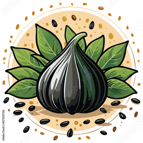 Illustration of black garlic bulb with green leaves and dark seeds scattered around on beige background.