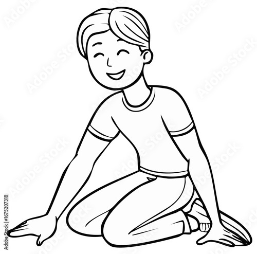 Joyful Boy Kneeling Outdoors Hand Drawn Style