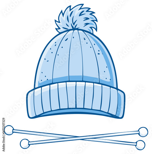 Light Blue Knitted Winter Hat with Pom Pom and Knitting Needles Cartoon