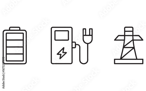 Outlined Icons Depicting Battery Charging, Electric Vehicle Charger, and a Power Line Tower, Symbolizing Electric Power