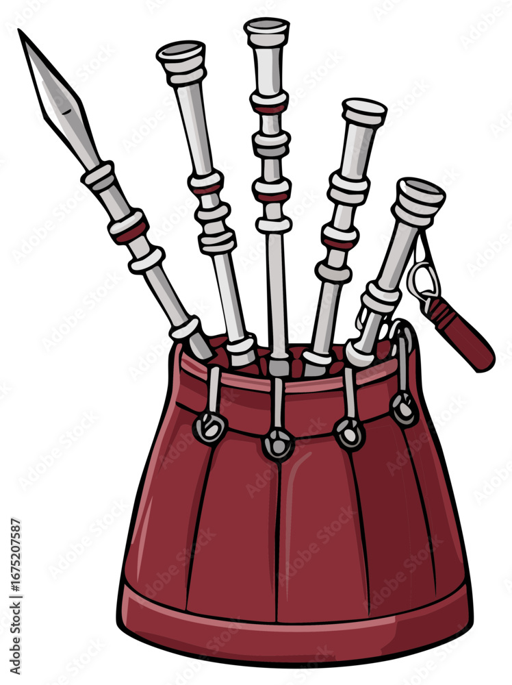 Fototapeta premium Fantasy leather quiver with a spear and pipes, cartoon vector illustration