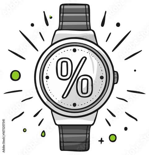 Discount Time: Promotion Watch with Percentage Symbol, Time-Limited Sale Illustration