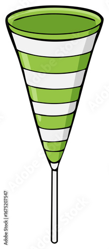 Striped green and white cone shaped windsock on a pole